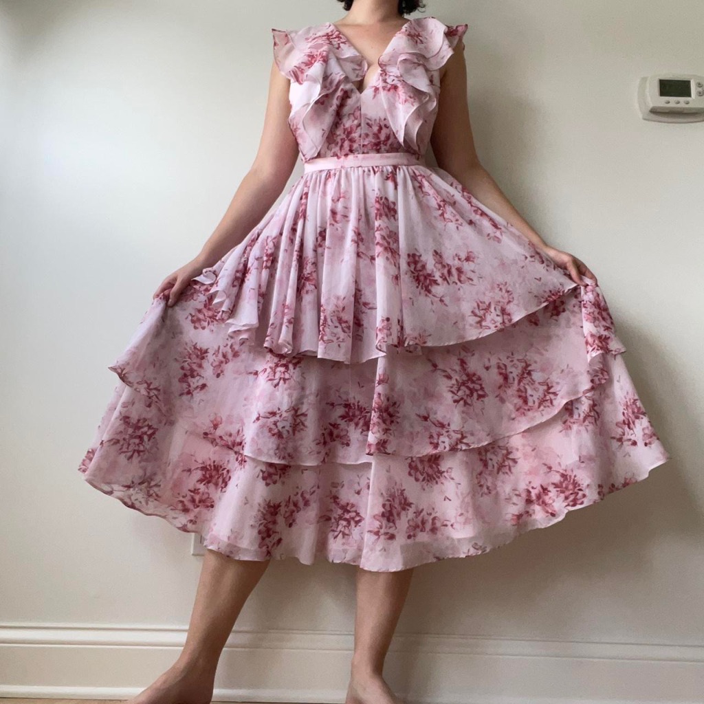 Light Pink And Maroon Floral Tiered Chiffon Midi Dress